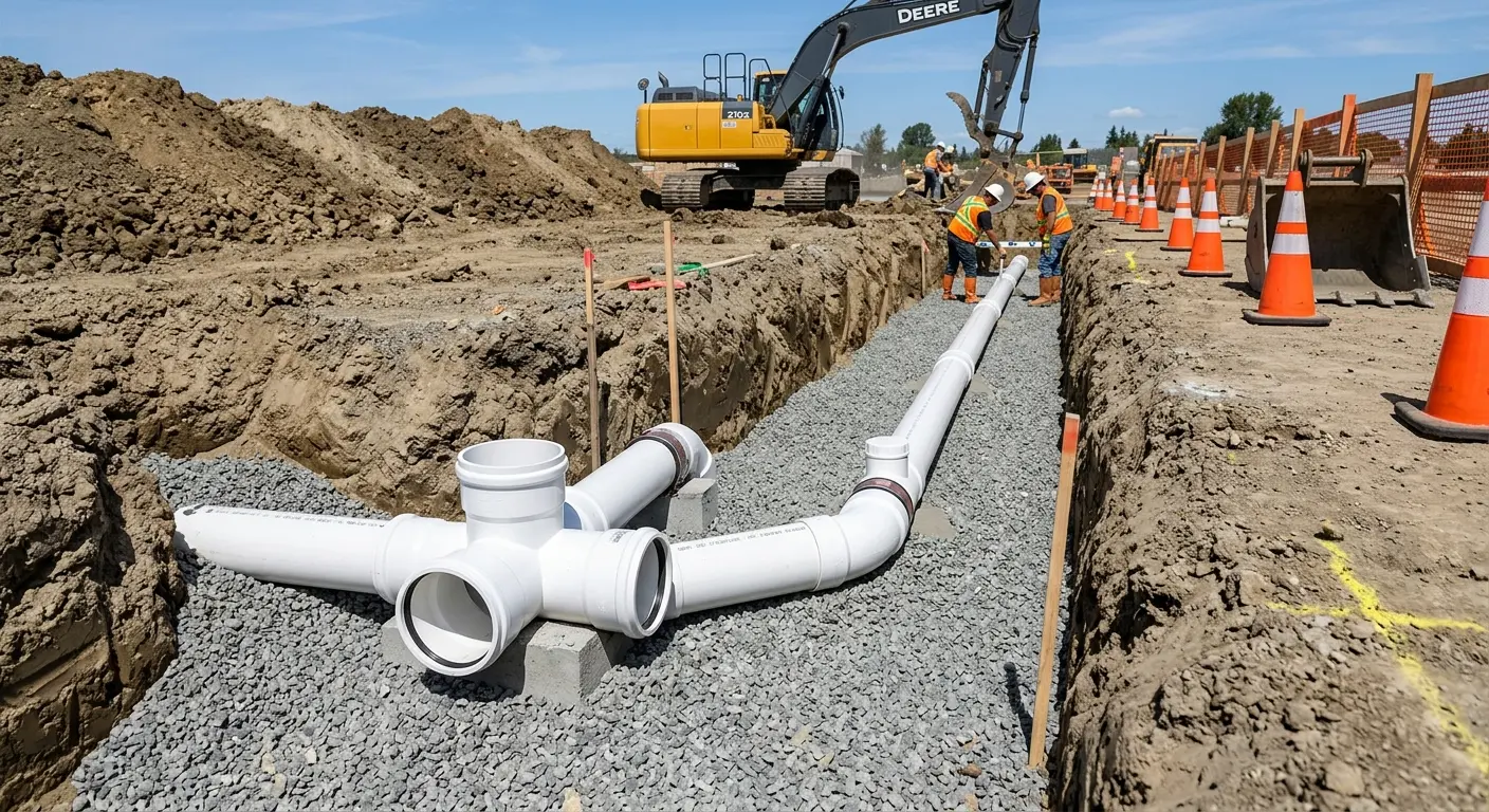 New PVC sewer pipe installation in open trench for Commercial Drain Cleaning in Horizon City