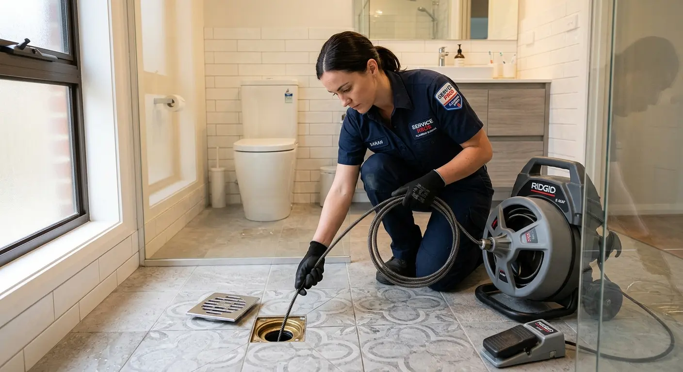 Technician clearing a bathroom floor drain for Hydro Jetting in Horizon City